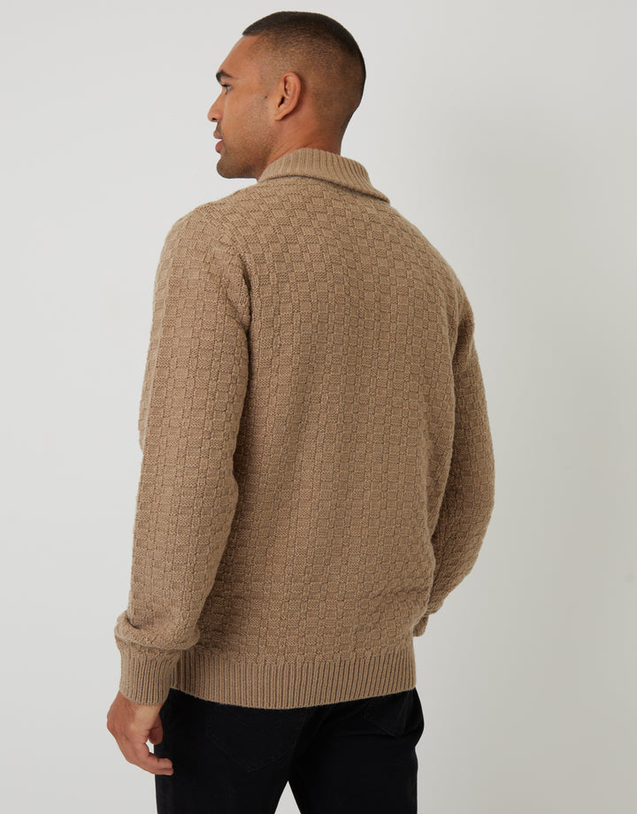 Beige Basket Stitch Knitted Shawl Neck Jumper