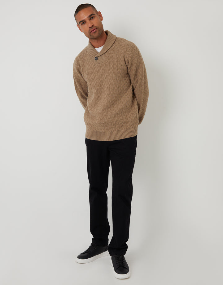 Beige Basket Stitch Knitted Shawl Neck Jumper
