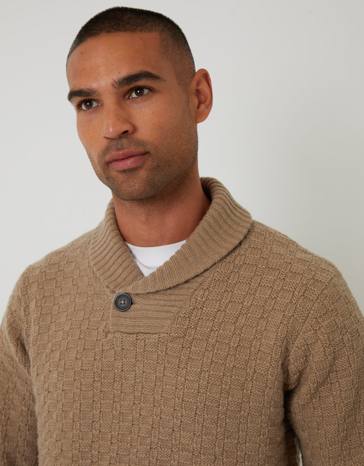 Beige Basket Stitch Knitted Shawl Neck Jumper