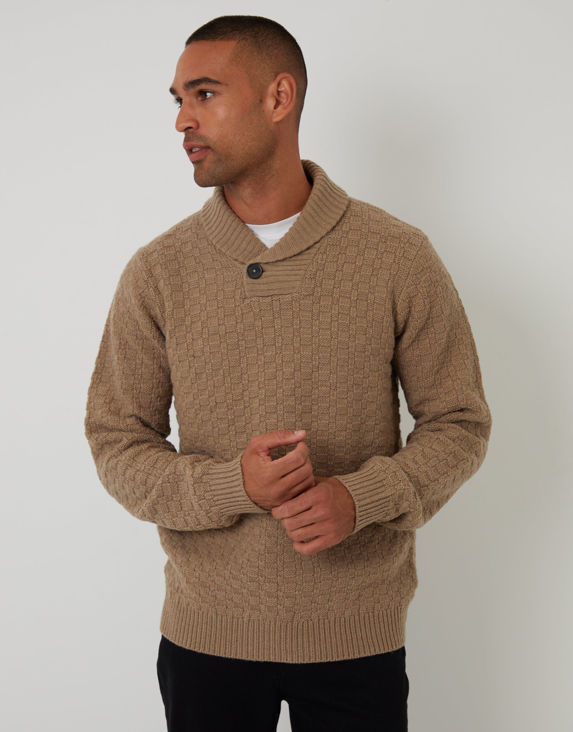 Threadbare Men's Beige Basket Stitch Knitted Shawl Neck Jumper