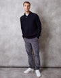 Navy Basket Stitch Knitted Shawl Neck Jumper