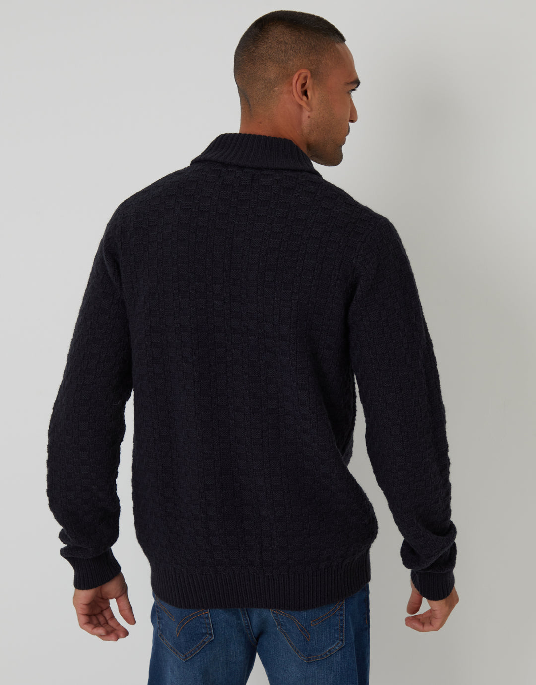 Navy Basket Stitch Knitted Shawl Neck Jumper