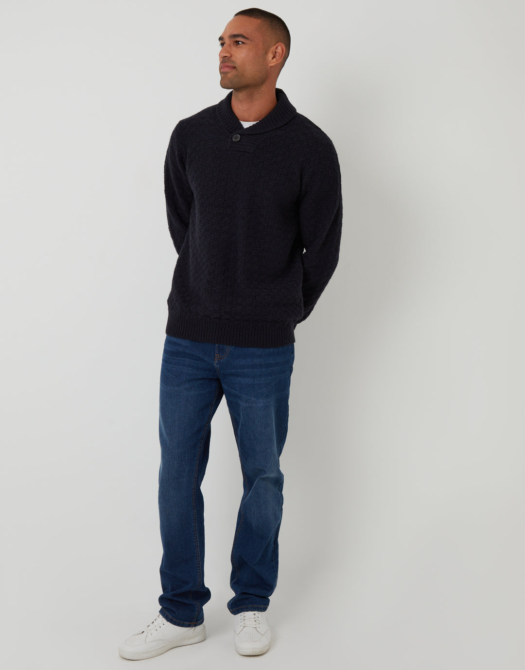 Navy Basket Stitch Knitted Shawl Neck Jumper