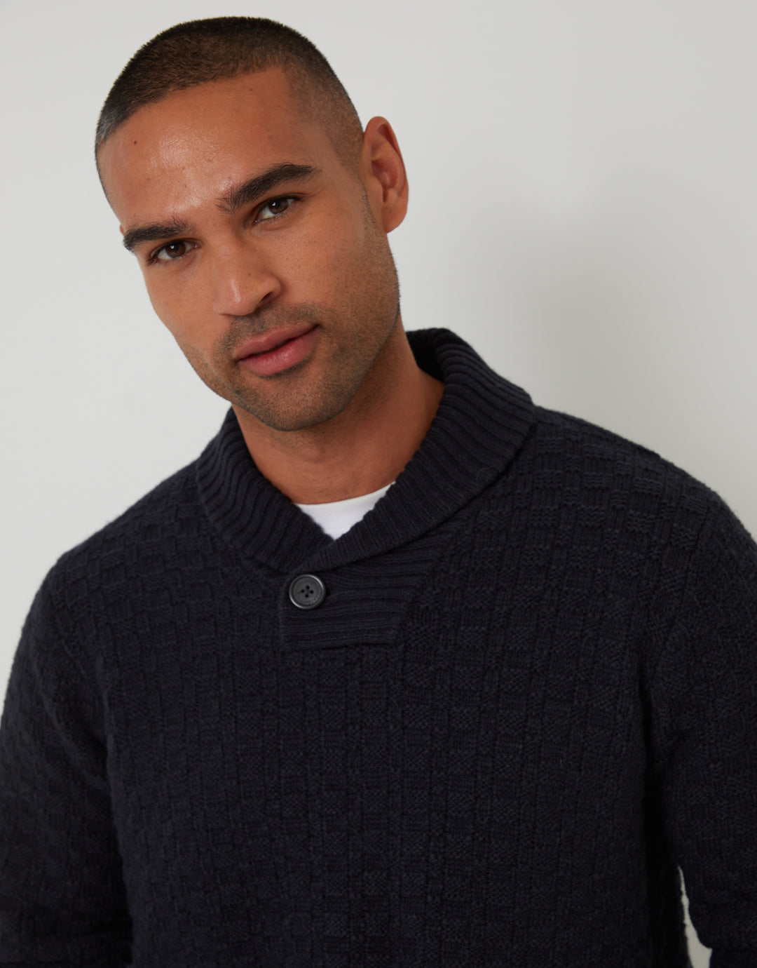 Navy Basket Stitch Knitted Shawl Neck Jumper