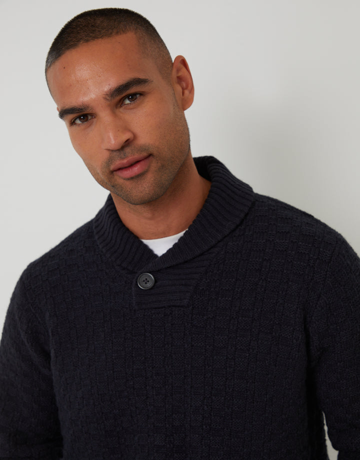 Navy Basket Stitch Knitted Shawl Neck Jumper