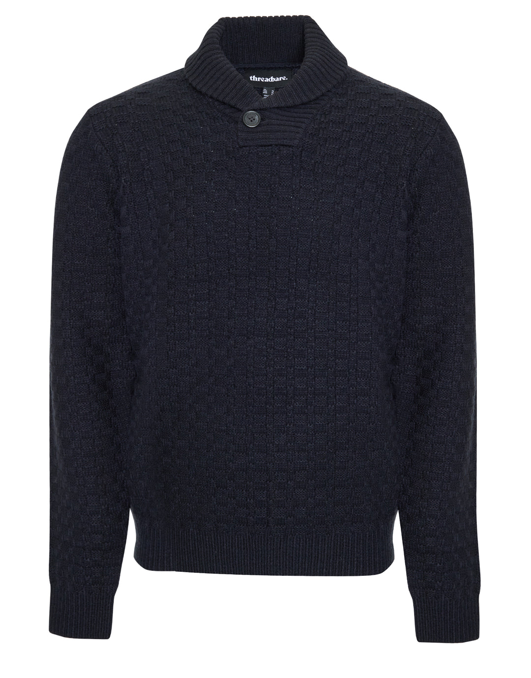 Navy Basket Stitch Knitted Shawl Neck Jumper