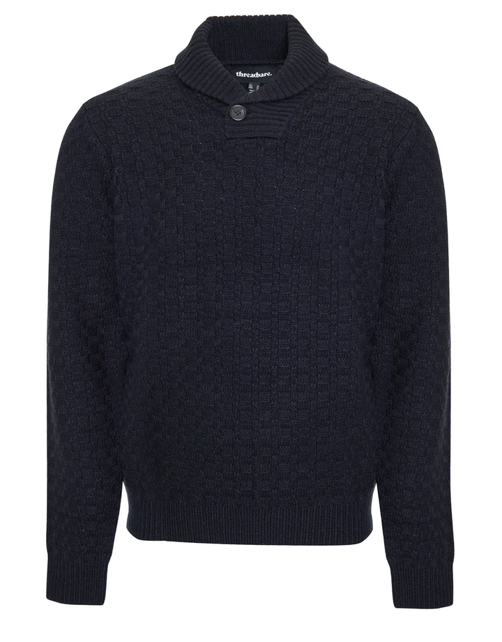 Navy Basket Stitch Knitted Shawl Neck Jumper