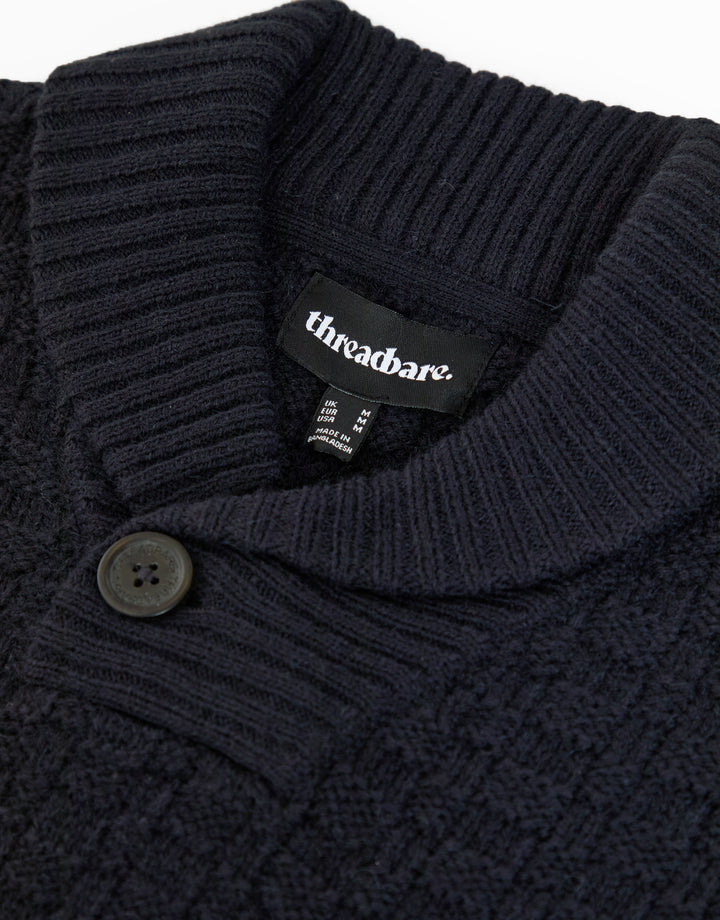 Navy Basket Stitch Knitted Shawl Neck Jumper