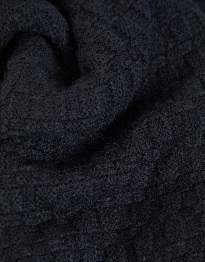 Navy Basket Stitch Knitted Shawl Neck Jumper