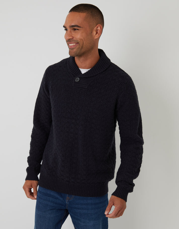 Navy Basket Stitch Knitted Shawl Neck Jumper