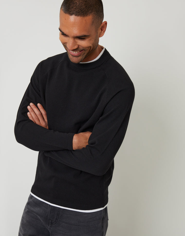 Black Mock Tee Textured Knit Crew Neck Jumper