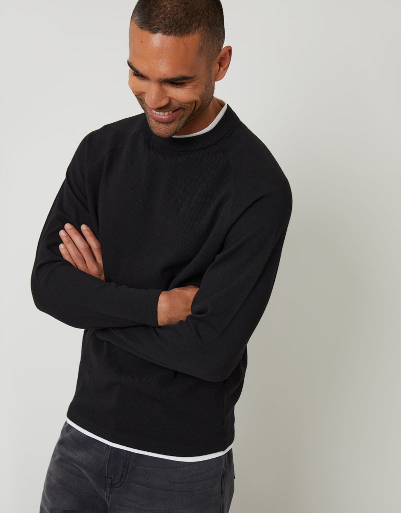 Threadbare Men's Black Mock Tee Textured Knit Crew Neck Jumper