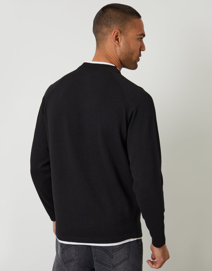 Black Mock Tee Textured Knit Crew Neck Jumper