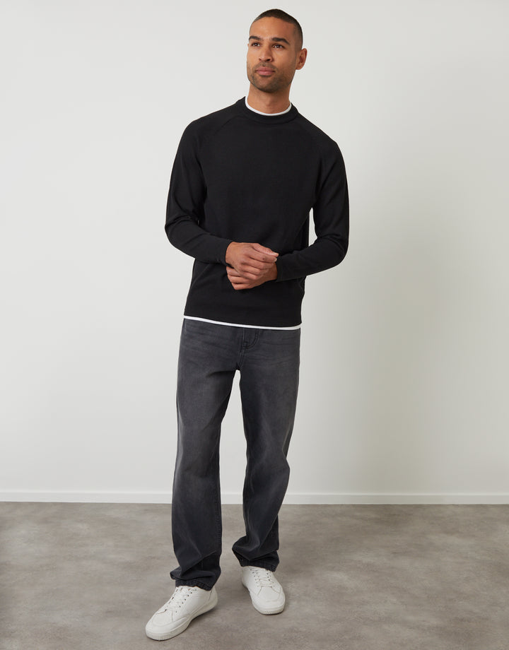 Black Mock Tee Textured Knit Crew Neck Jumper