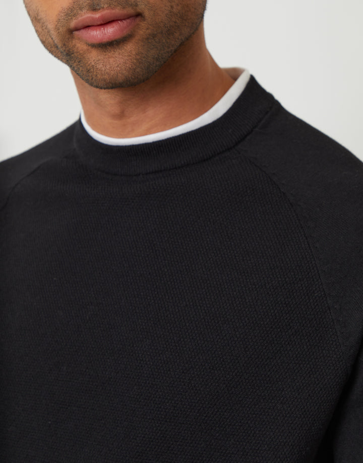 Black Mock Tee Textured Knit Crew Neck Jumper