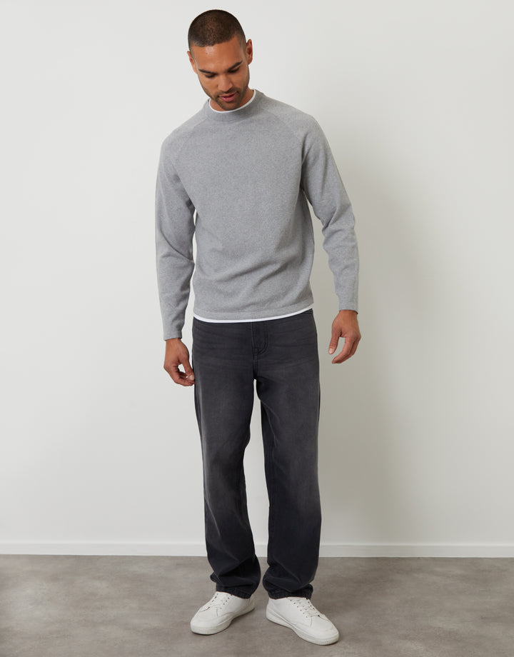Grey Mock Tee Textured Knit Crew Neck Jumper