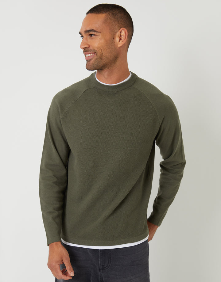 Khaki Green Mock Tee Textured Knit Crew Neck Jumper