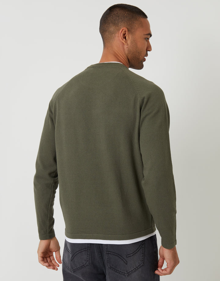 Khaki Green Mock Tee Textured Knit Crew Neck Jumper