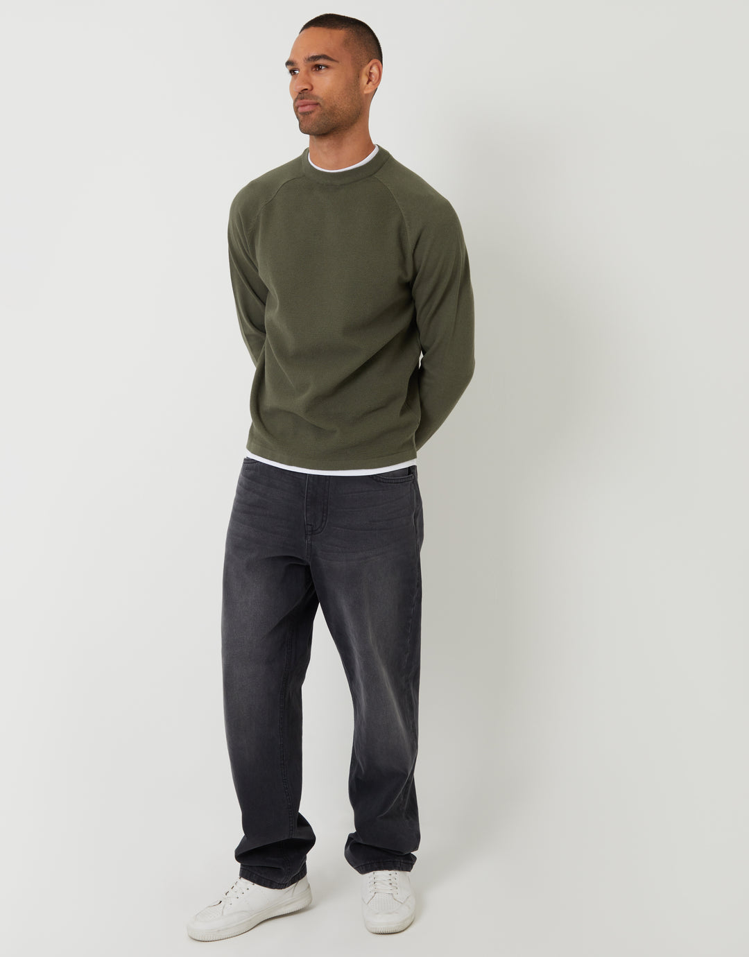 Khaki Green Mock Tee Textured Knit Crew Neck Jumper