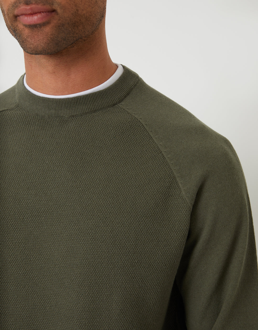 Khaki Green Mock Tee Textured Knit Crew Neck Jumper