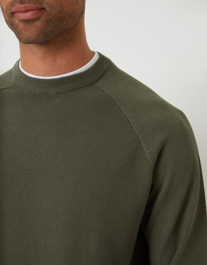 Khaki Green Mock Tee Textured Knit Crew Neck Jumper