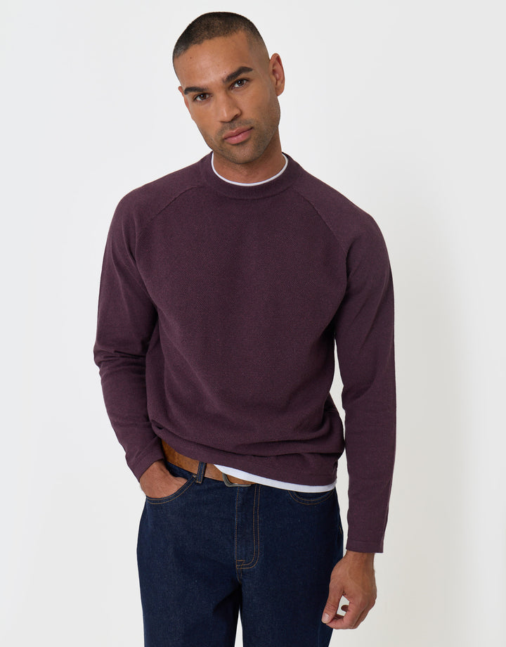 Threadbare Mock Tee Textured Knit Crew Neck Jumper in Burgundy - front view