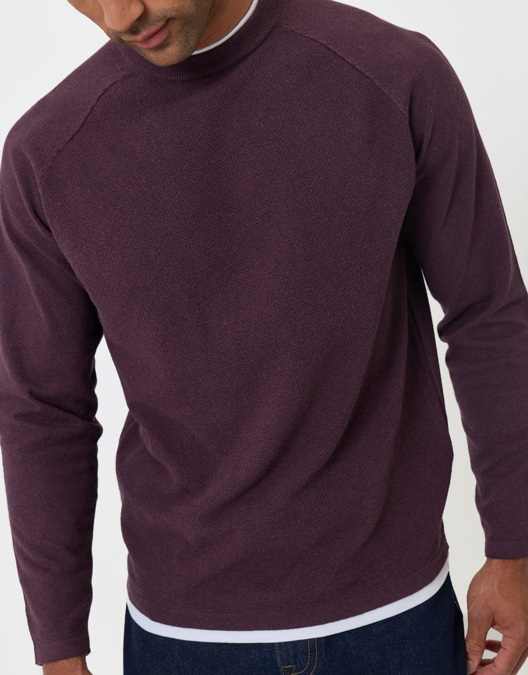 Threadbare Mock Tee Textured Knit Crew Neck Jumper in Burgundy - close up