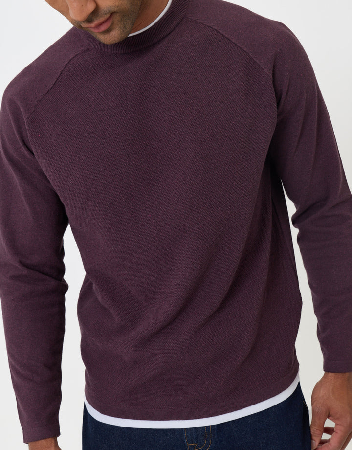 Threadbare Mock Tee Textured Knit Crew Neck Jumper in Burgundy - close up