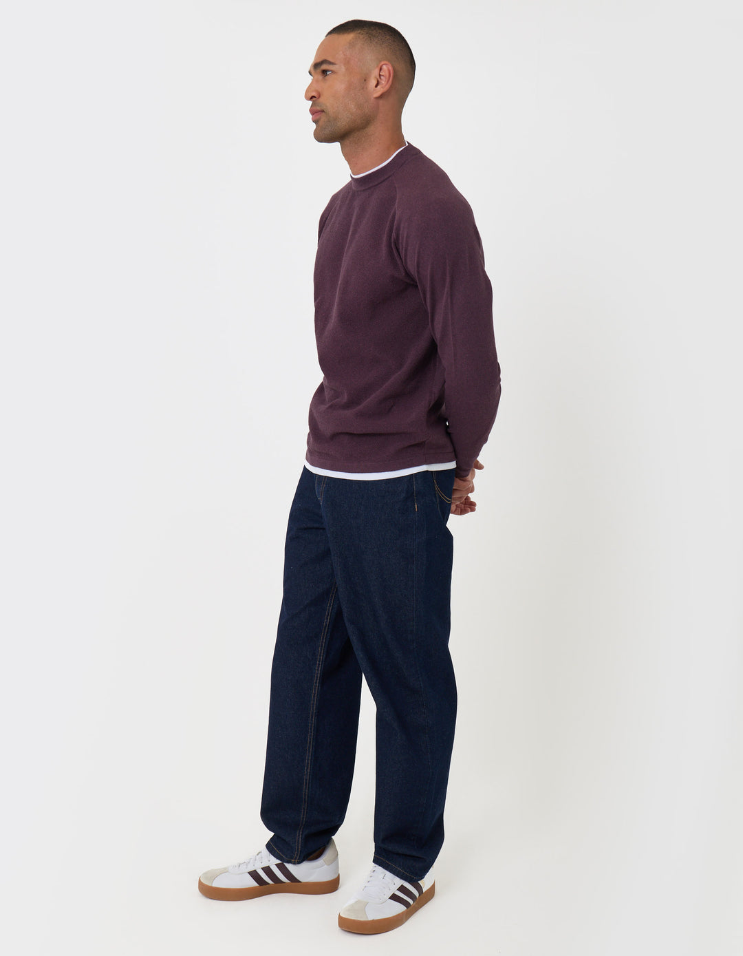 Threadbare Mock Tee Textured Knit Crew Neck Jumper in Burgundy - full body