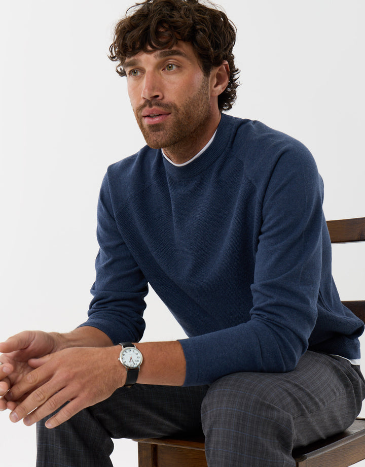 Threadbare Mock Tee Textured Knit Crew Neck Jumper Denim Blue - sat down