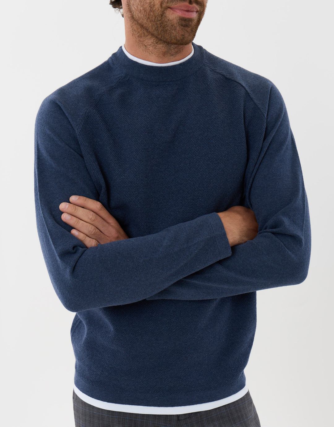 Threadbare Mock Tee Textured Knit Crew Neck Jumper Denim Blue - detail