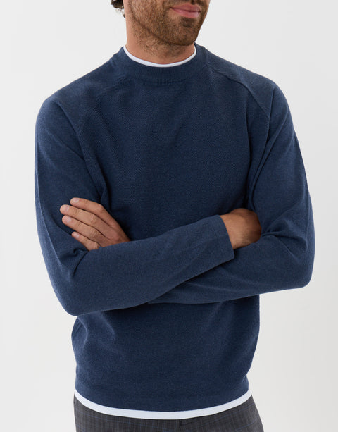 Threadbare Mock Tee Textured Knit Crew Neck Jumper Denim Blue - detail