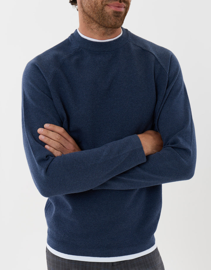 Threadbare Mock Tee Textured Knit Crew Neck Jumper Denim Blue - detail