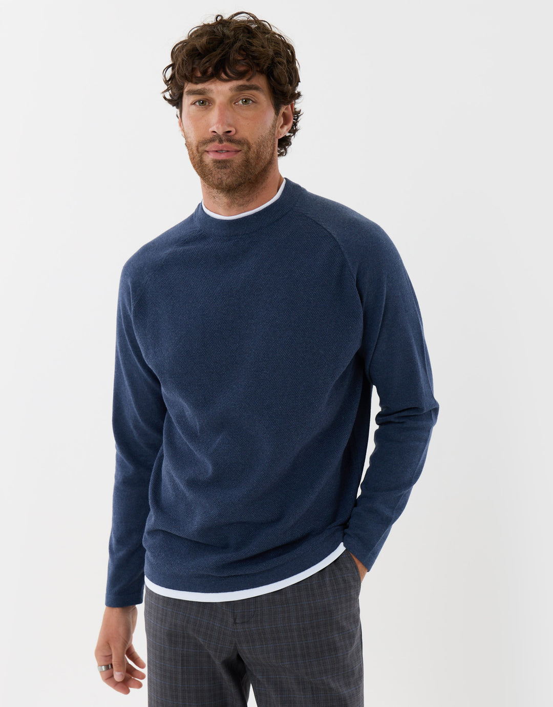 Threadbare Mock Tee Textured Knit Crew Neck Jumper Denim Blue - front view