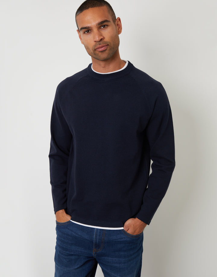 Navy Mock Tee Textured Knit Crew Neck Jumper