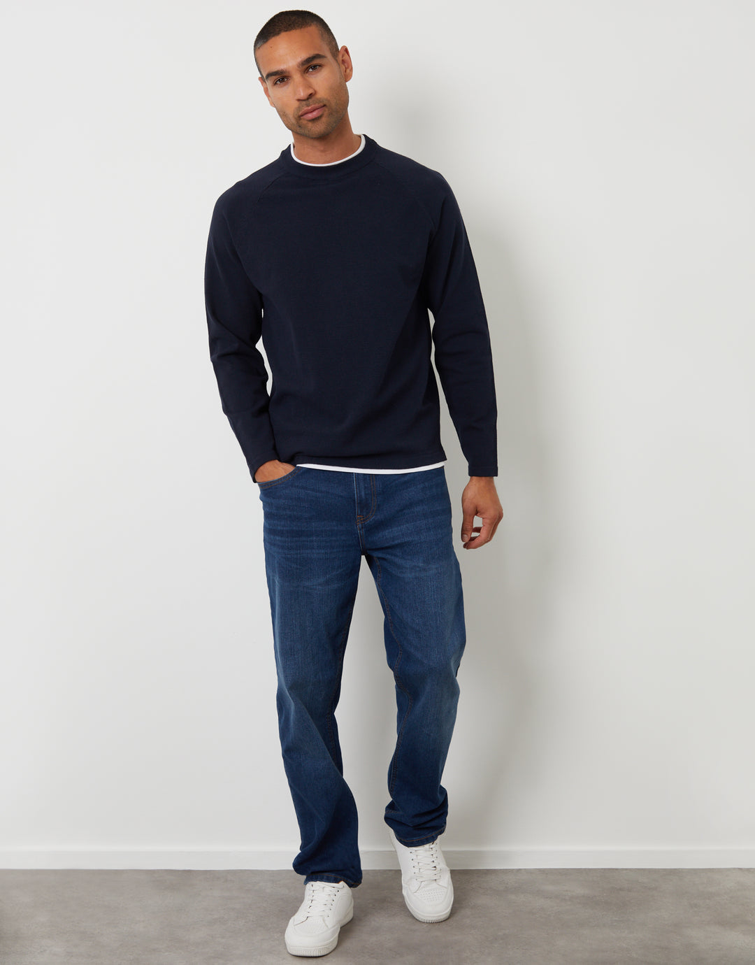 Navy Mock Tee Textured Knit Crew Neck Jumper