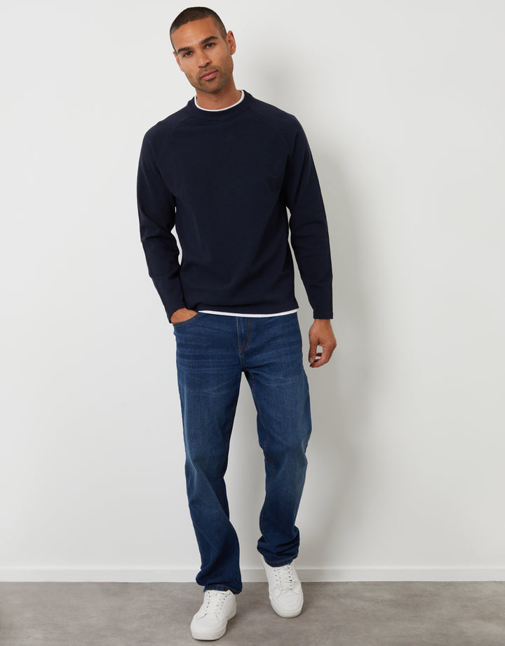 Navy Mock Tee Textured Knit Crew Neck Jumper