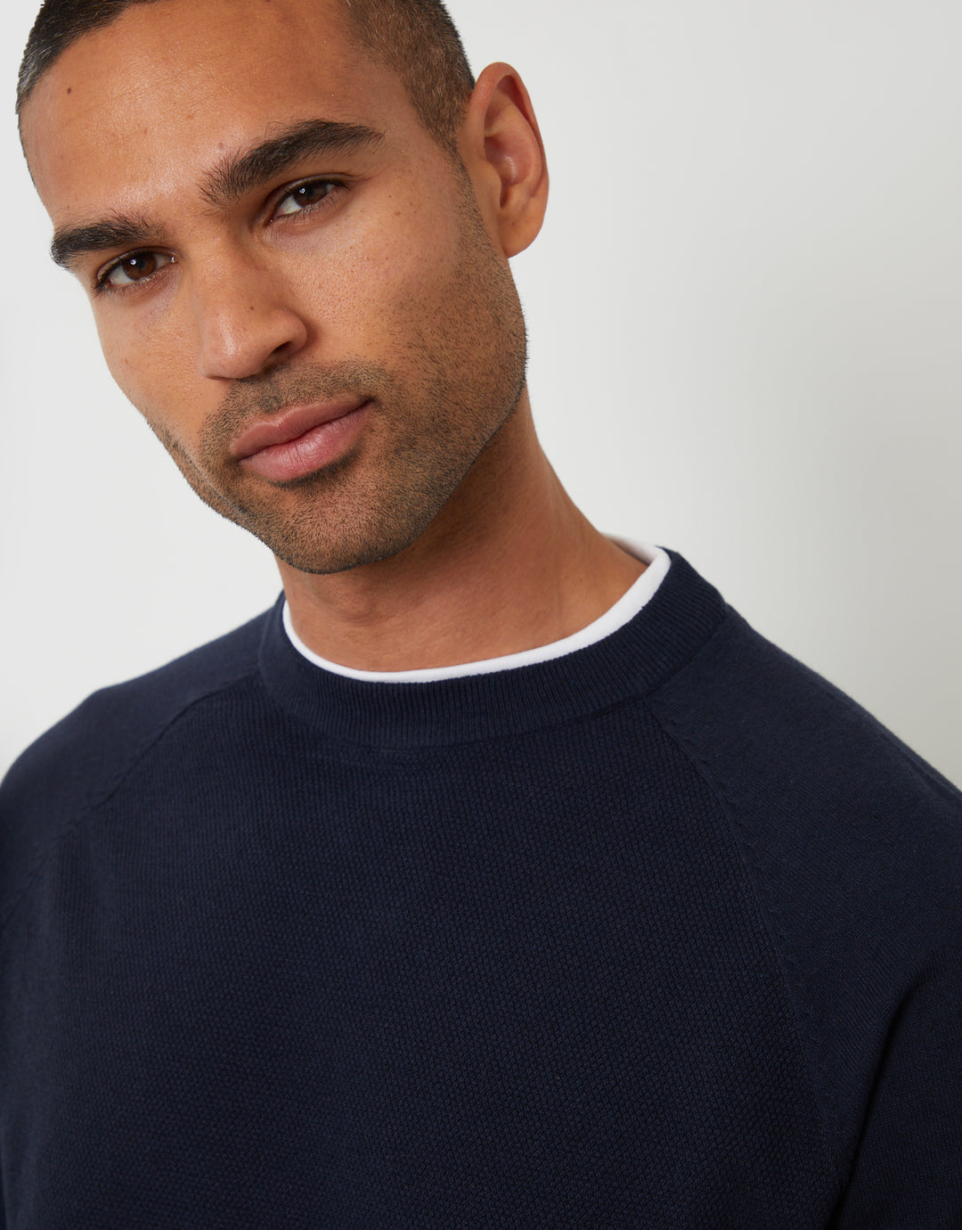 Navy Mock Tee Textured Knit Crew Neck Jumper