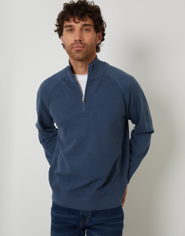 Denim Blue Mock Tee Textured Knit Quarter Zip Jumper