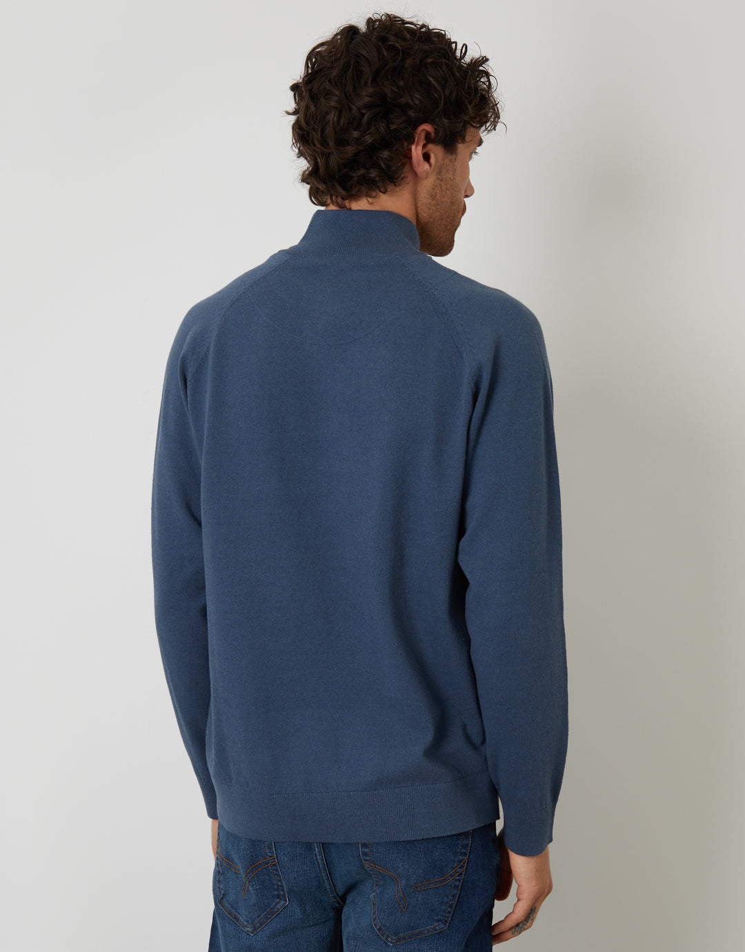 Denim Blue Mock Tee Textured Knit Quarter Zip Jumper