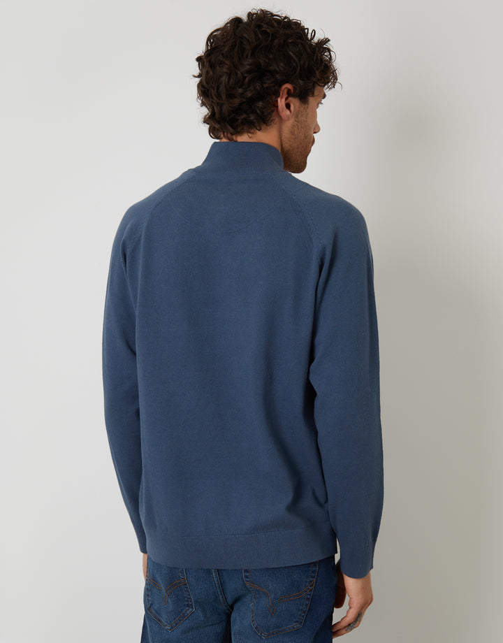 Denim Blue Mock Tee Textured Knit Quarter Zip Jumper