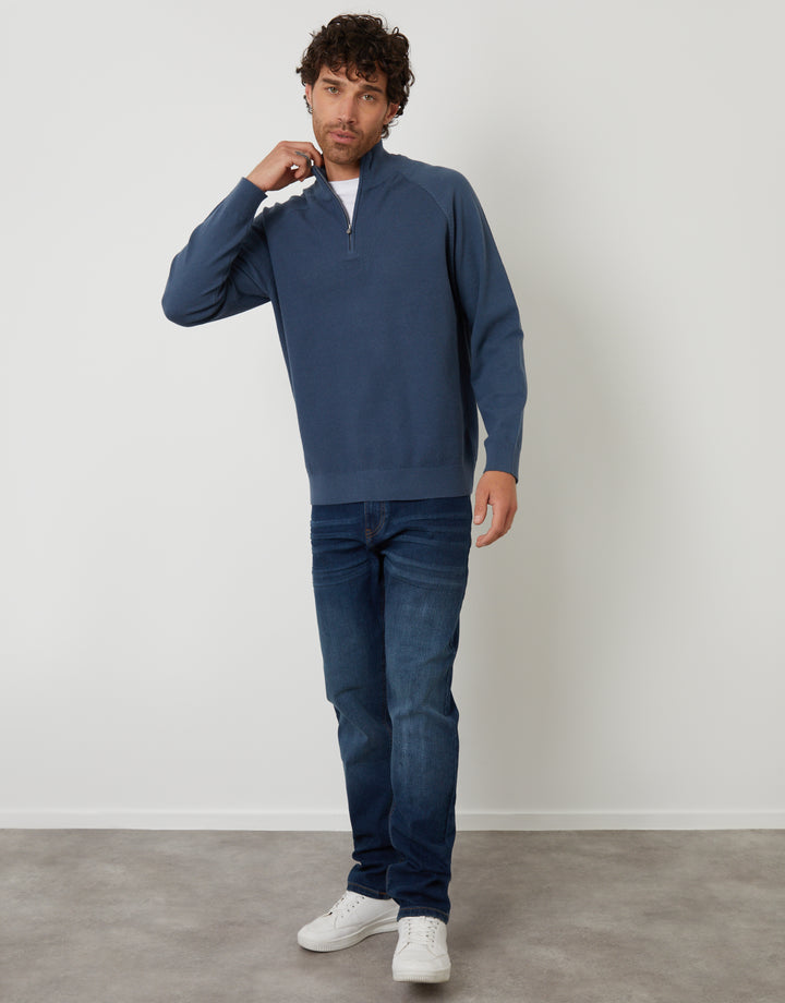 Denim Blue Mock Tee Textured Knit Quarter Zip Jumper