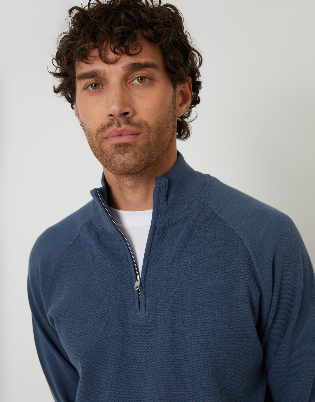 Denim Blue Mock Tee Textured Knit Quarter Zip Jumper