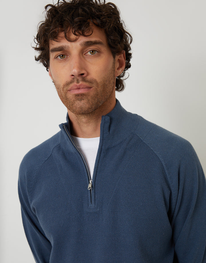Denim Blue Mock Tee Textured Knit Quarter Zip Jumper