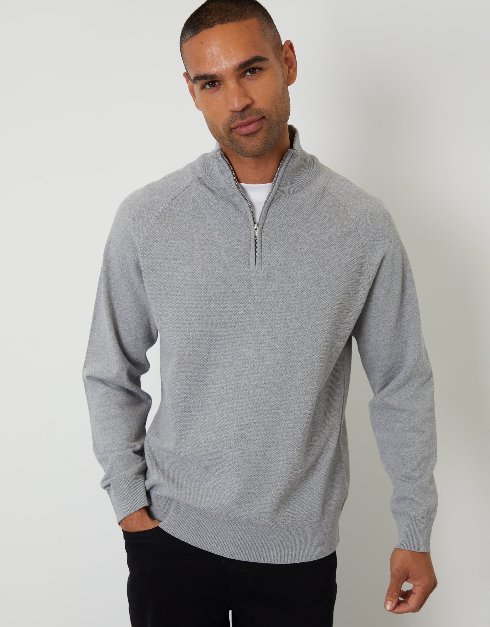 Threadbare Men's Grey Mock Tee Textured Knit Quarter Zip Jumper