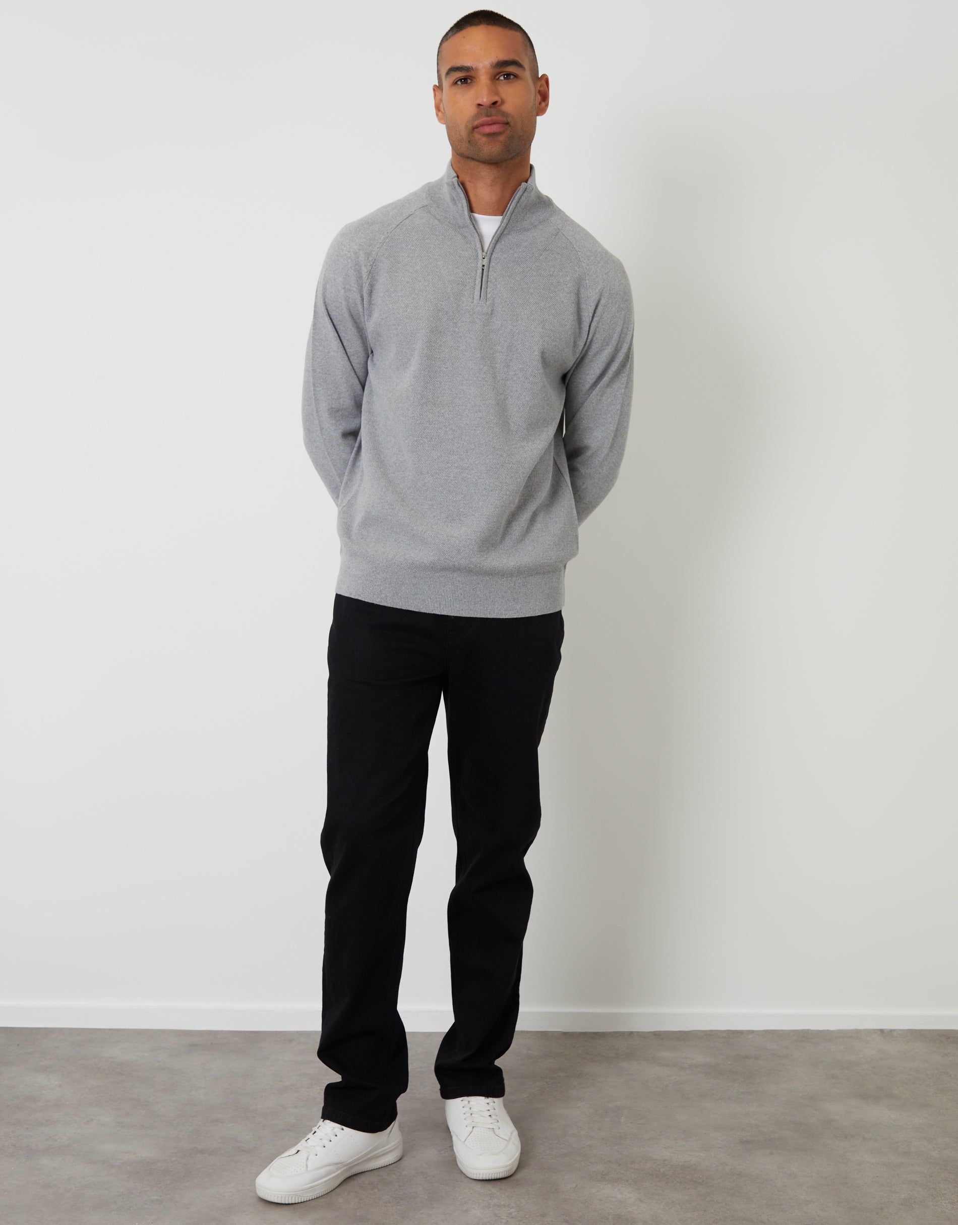 Threadbare Men's Grey Mock Tee Textured Knit Quarter Zip Jumper