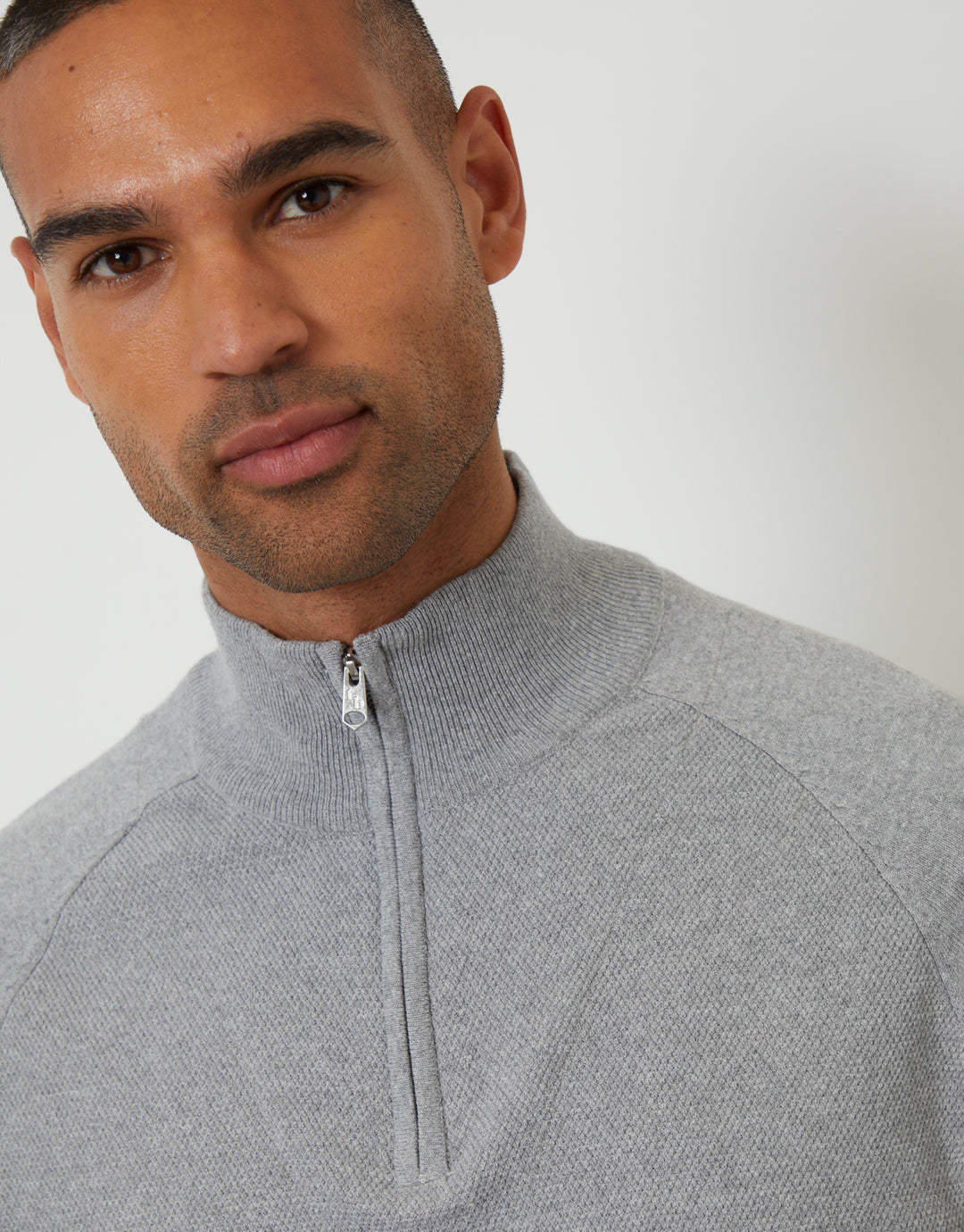 Grey Mock Tee Textured Knit Quarter Zip Jumper