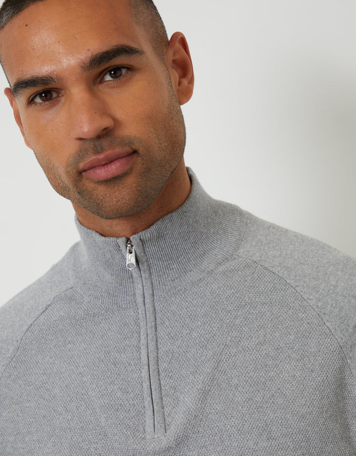 Grey Mock Tee Textured Knit Quarter Zip Jumper