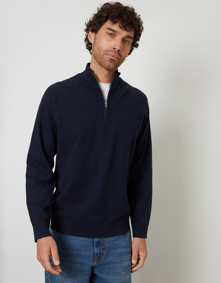 Navy Mock Tee Textured Knit Quarter Zip Jumper