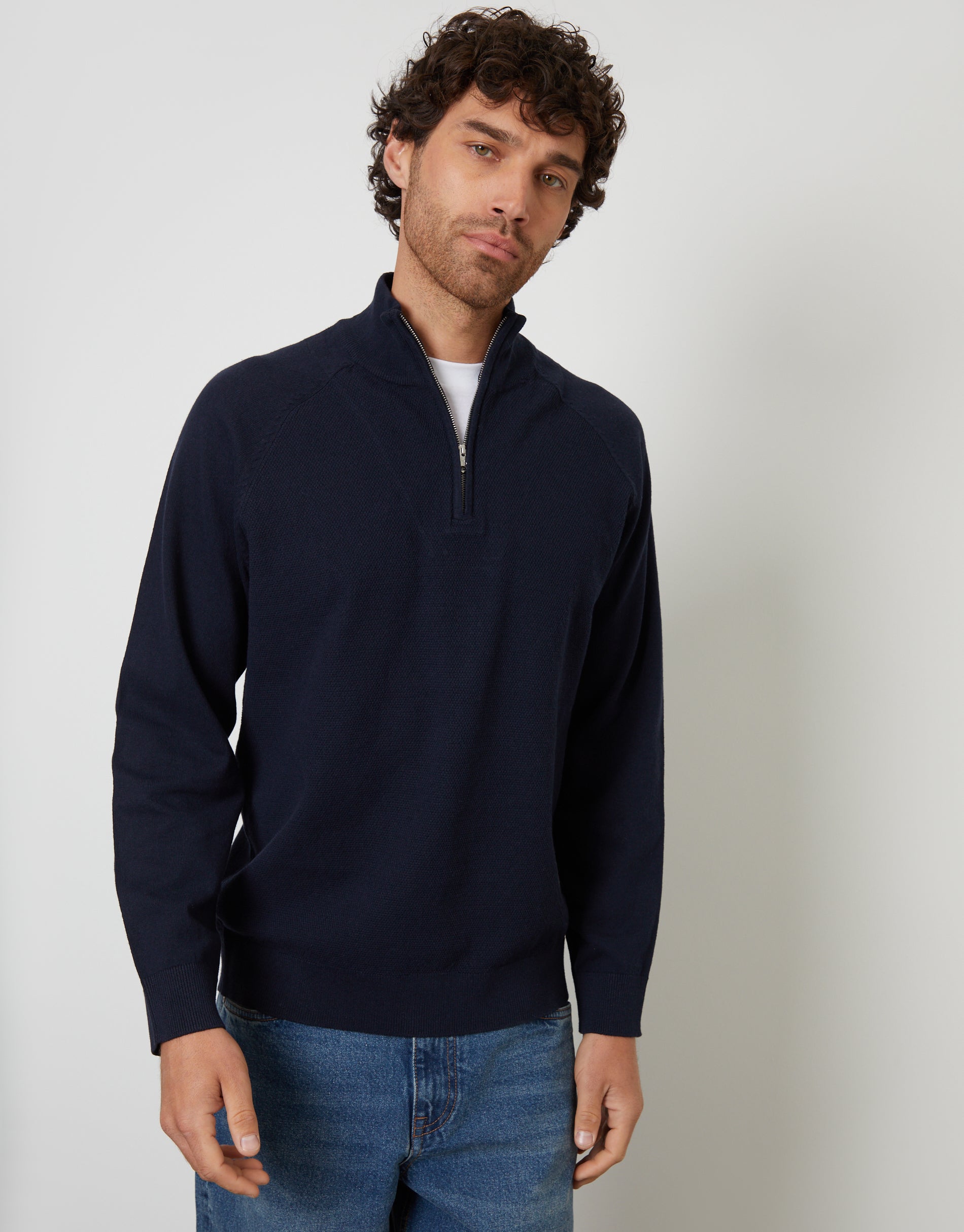 Mock Tee Textured Knit Quarter Zip Jumper in Navy